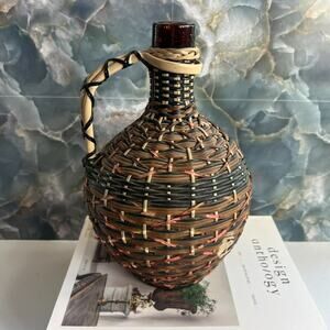 Vintage V Levante Bottle Spanish Woven Wicker Covered Brown Glass